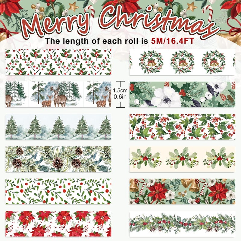 Whaline 12 Rolls Christmas Floral Washi Tape Xmas Watercolor Berry Holly Leaves Pine Cones Elk Bell Plants Masking Tape Winter Holiday Decorative Tape for Scrapbook Journal DIY Craft Gift Wrapping - Image 2